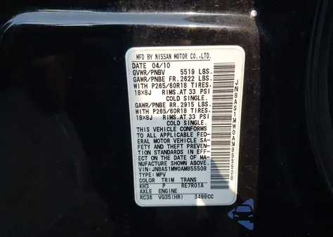 2010 Infiniti Fx35 z USA, uszkodzony, nr VIN JN8AS1MW0AM855508